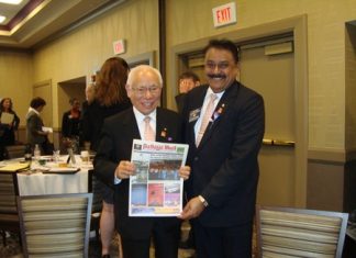 PDG Peter Malhotra, Rotary Public Image Coordinator of Zone 6B, presents a copy of the Pattaya Mail to Sakuji Tanaka, President of Rotary International during the PolioPlus Seminar held at the Hilton Garden Inn in Evanston, USA on August 22, 2012. Peter explained that the Pattaya Mail Media Group, which comprises of the Pattaya Mail, Pattaya Blatt (German), Chiang Mai Mail and PMTV, are staunch supporters of Rotary and regularly publicise Public Service Announcements and articles in their publications and TV programs.